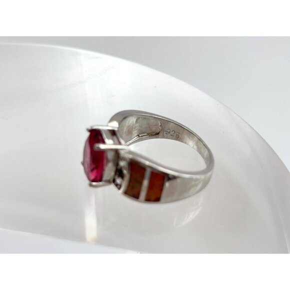 Bright Garnet & Faux Opal Modernist Sterling Silver Vintage Ring - sz 6.5 - Picture 7 of 10